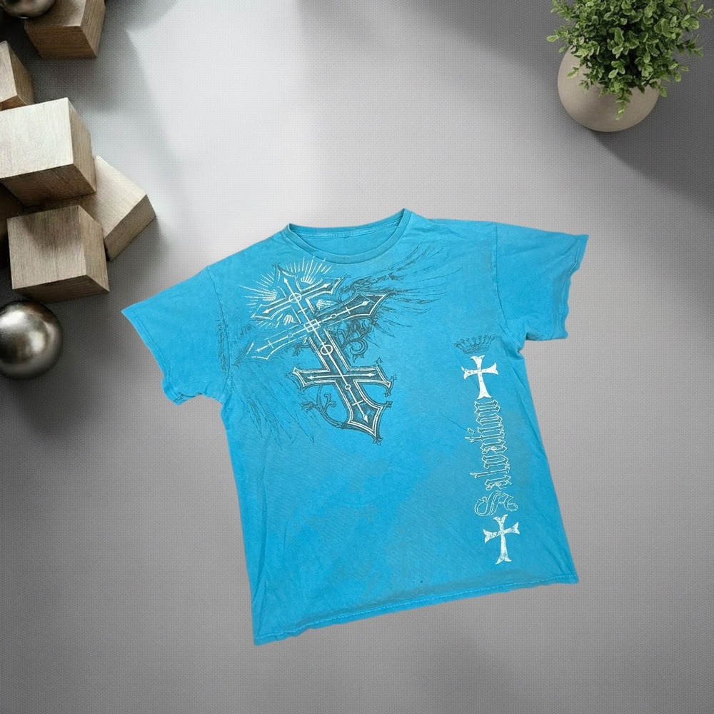 Vintage Y2K Gothic Cross Salvation Graphic Tee Blue Skater Grunge Boxy Shirt